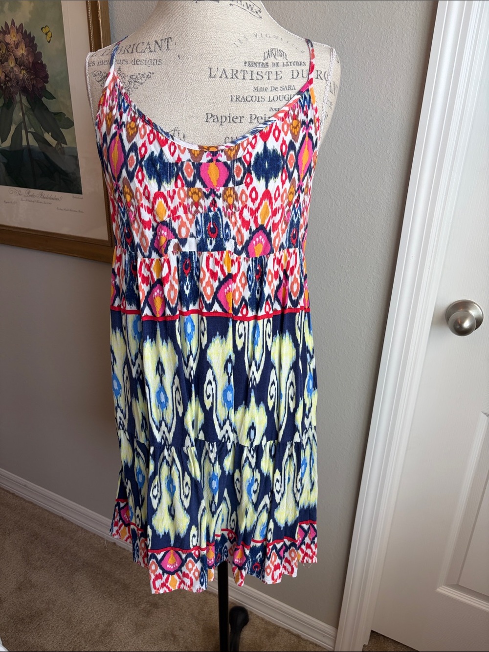 Xhilaration Multicolor Ikat-Print Spaghetti-Strap Mini Dress - Navy Pink Yellow